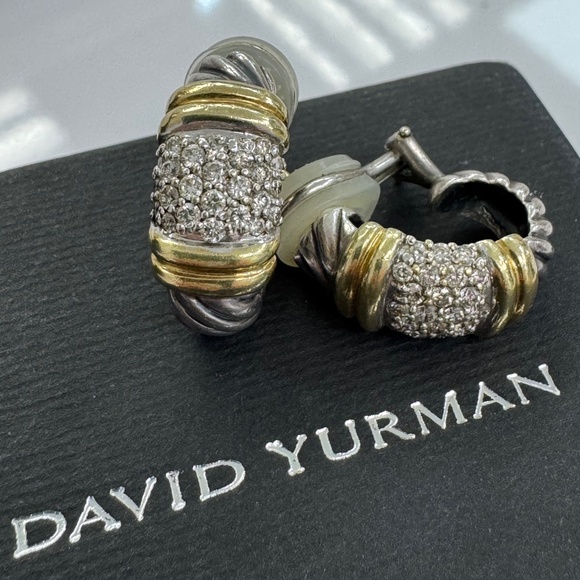 David Yurman Cable Classic Hoop Earrings with Diamonds- 925/750 - Picture 1 of 9
